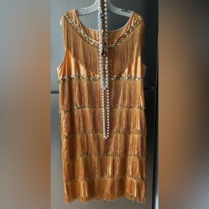 Gold 1920s Flapper Fringe Dress with headpiece Distinctive Costumes